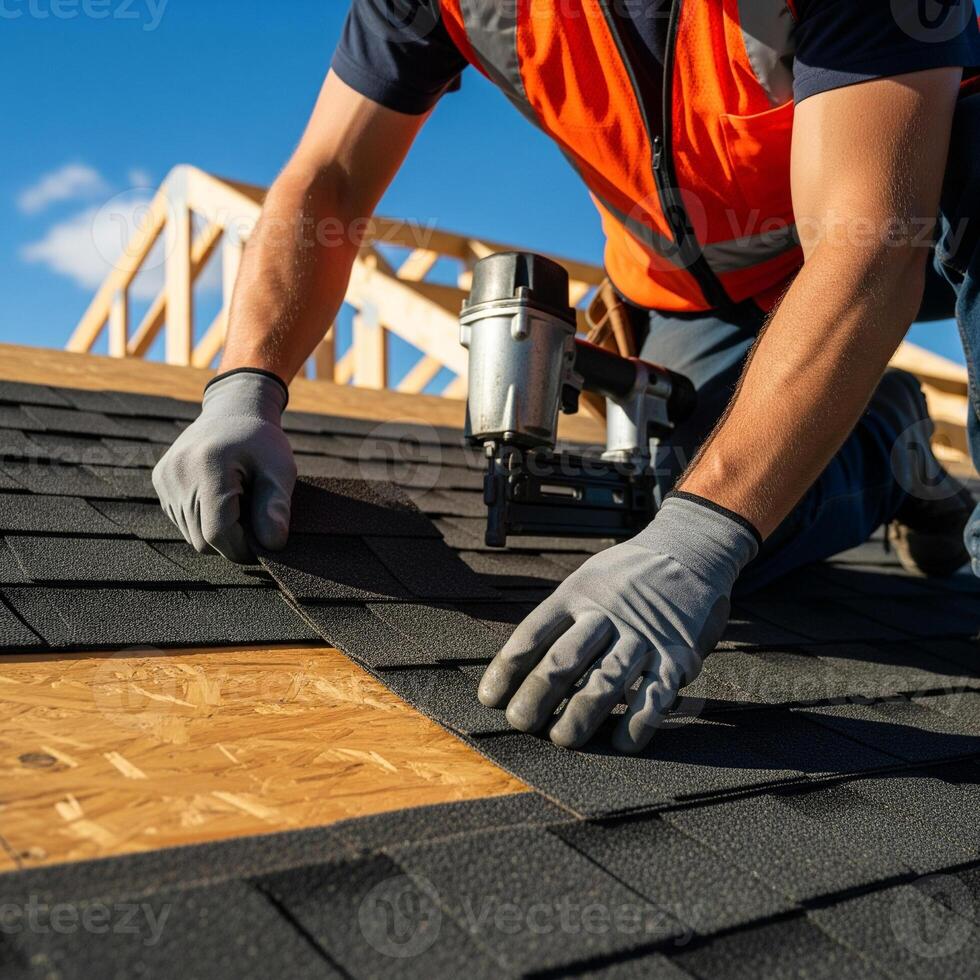 Roofer with Nail Gun Precisely Installing Asphalt Shingles on a New Roof Frame photo