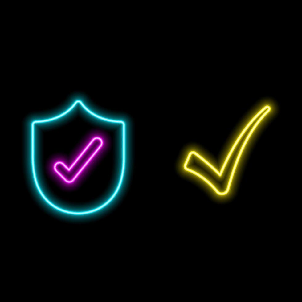 neon style.Consumer trustworthy quality certification seal, quality check ribbon icon, approved check mark seal, verified ribbon icon, verified product stamp vector
