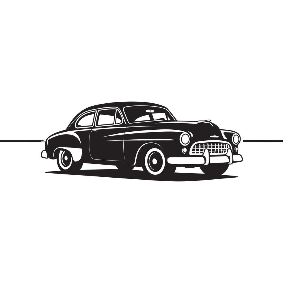 Black illustration of a vintage sedan car with whitewall tires on a white background automobile vector