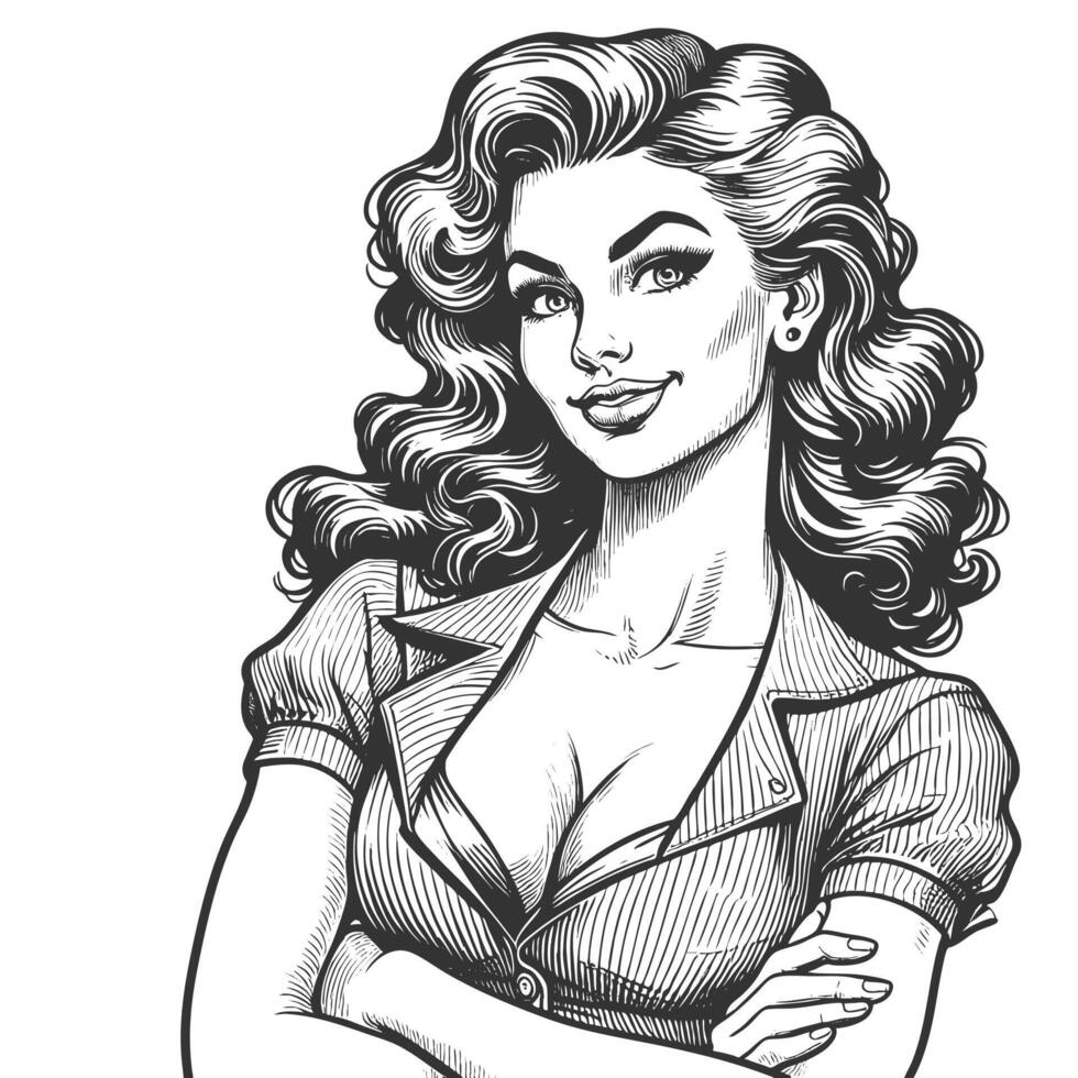 confident woman with arms crossed, styled hr, and a striped collared blouse sketch engraving fictional character illustration. Scratch board imitation. Black and white image. vector