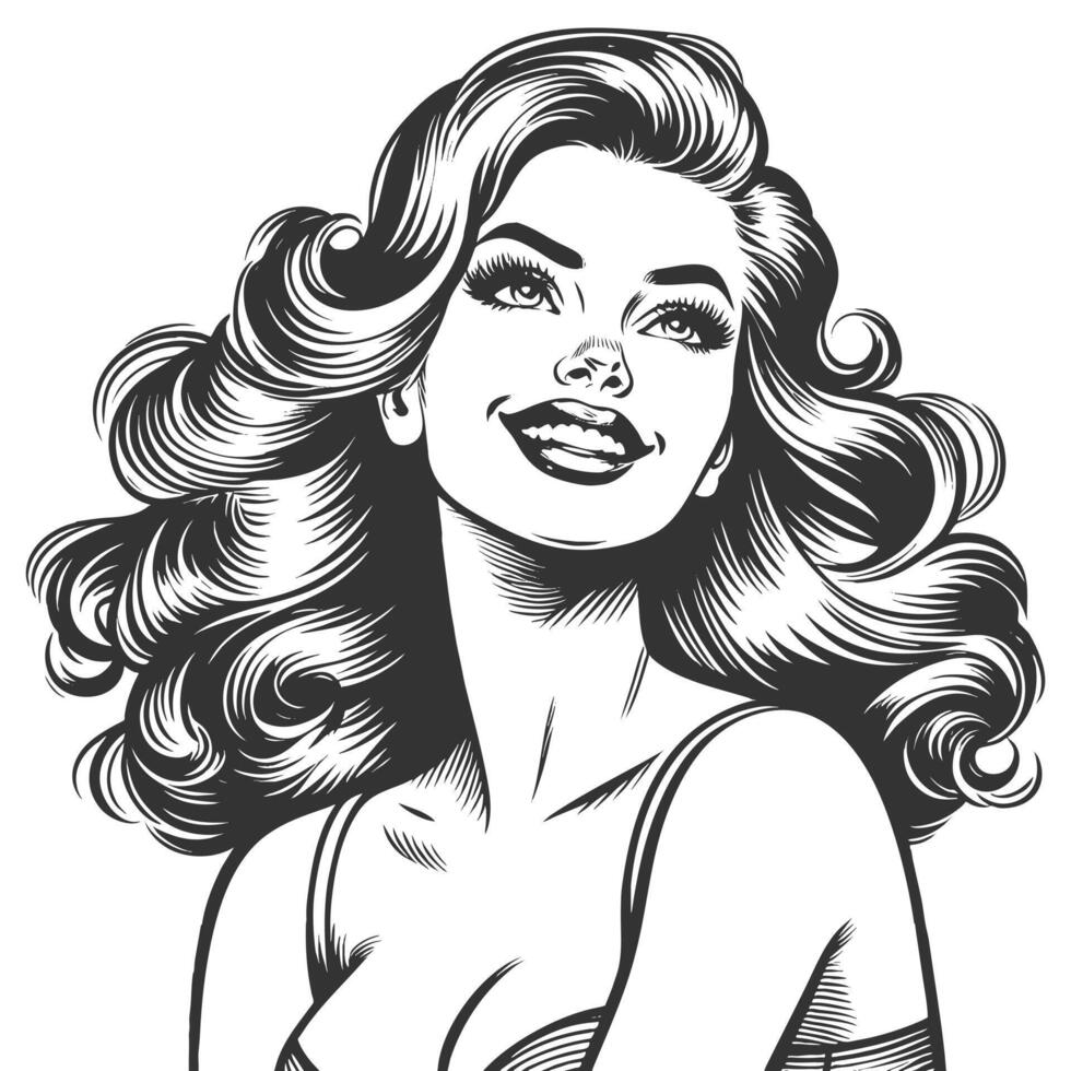 joyful woman with large wavy hr, wearing a low-cut top and looking upward with a bright smile sketch engraving fictional character illustration. Scratch board. Black and white. vector
