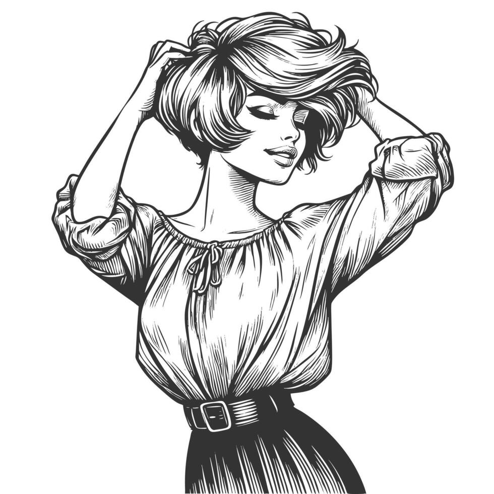woman with a short voluminous hrcut, wearing a flowy blouse and high-wsted skirt sketch engraving fictional character illustration. Scratch board. Black and white image. vector