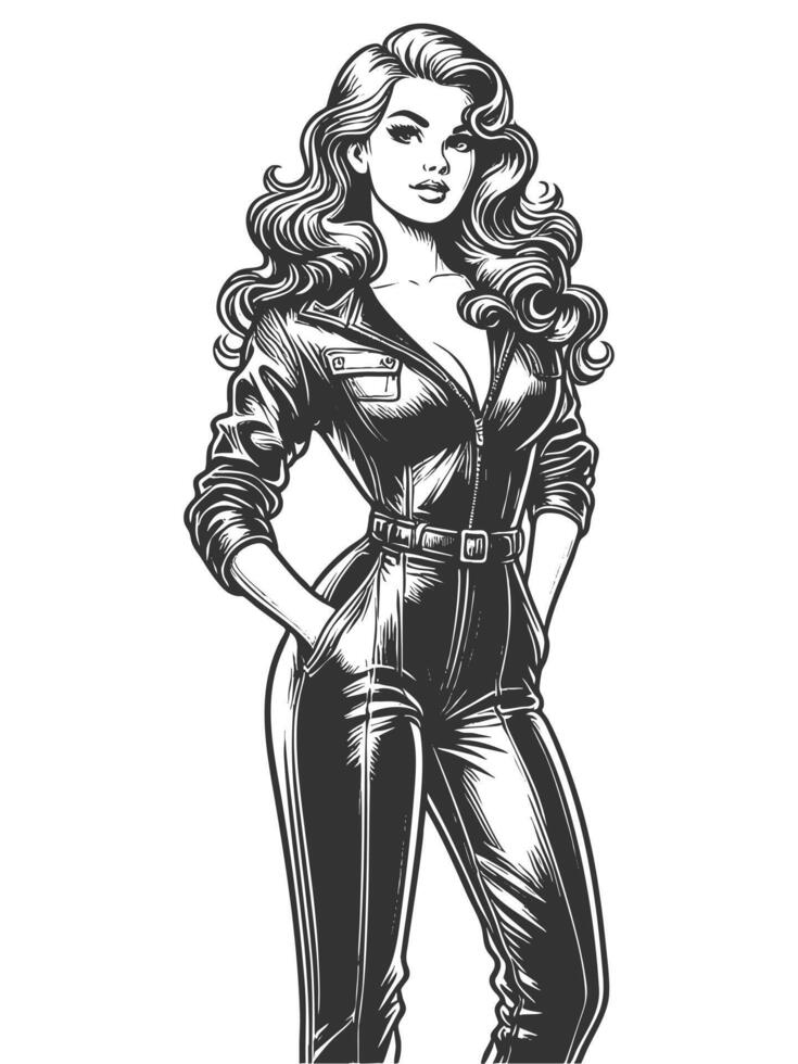 woman wearing a fitted leather jumpsuit, exuding confidence and power sketch engraving fictional character illustration. Scratch board imitation. Black and white image. vector