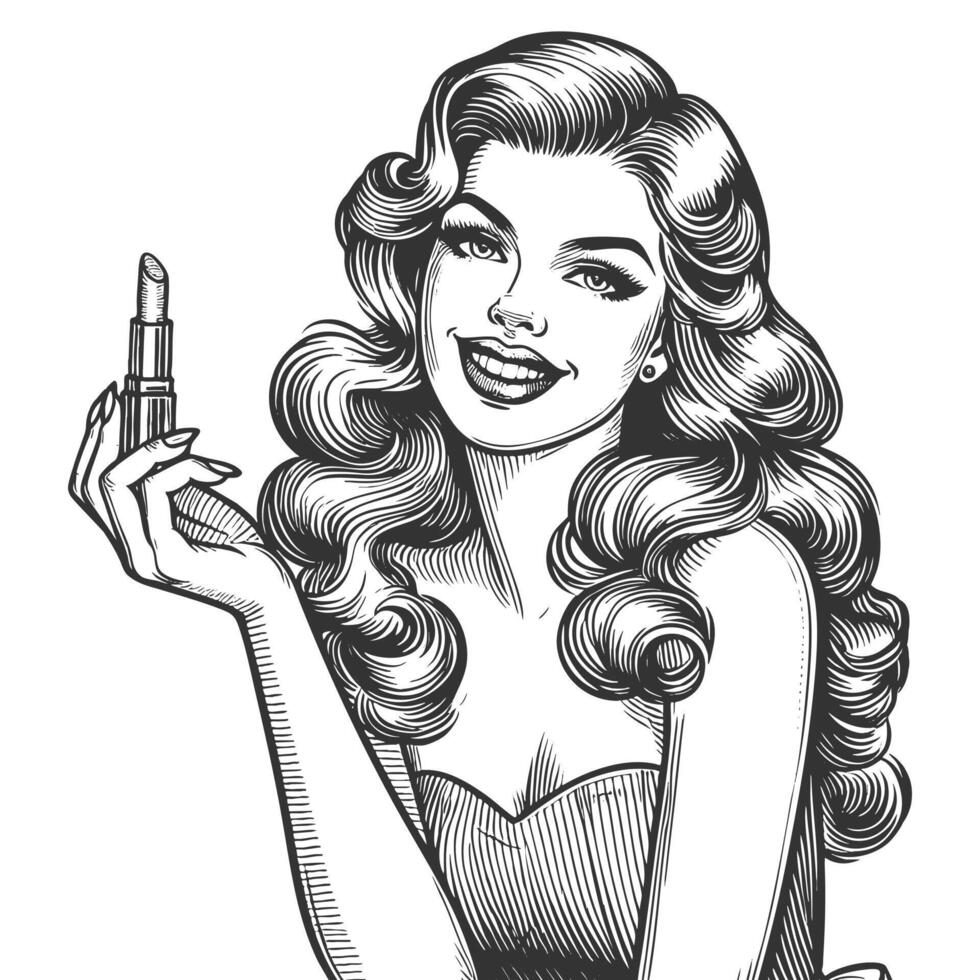 cheerful woman with glamorous curls, holding a lipstick and smiling confidently sketch engraving fictional character illustration. Scratch board imitation. Black and white image. vector