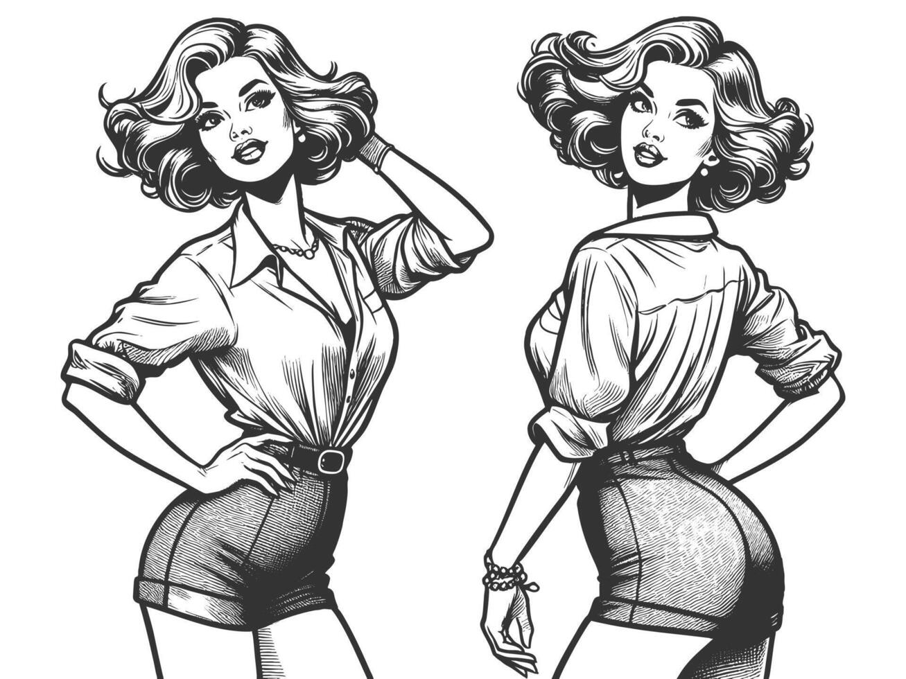 women in fashionable poses, wearing tied shirts and high-wsted shorts with confidence sketch engraving fictional character illustration. Scratch board. Black and white image. vector