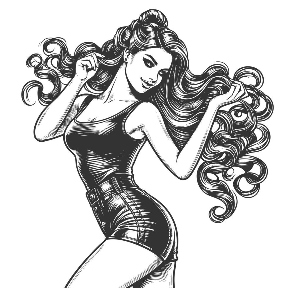 confident young woman with long wavy hr, stylish outfit, and bold pose sketch engraving fictional character illustration. Scratch board imitation. Black and white image. vector