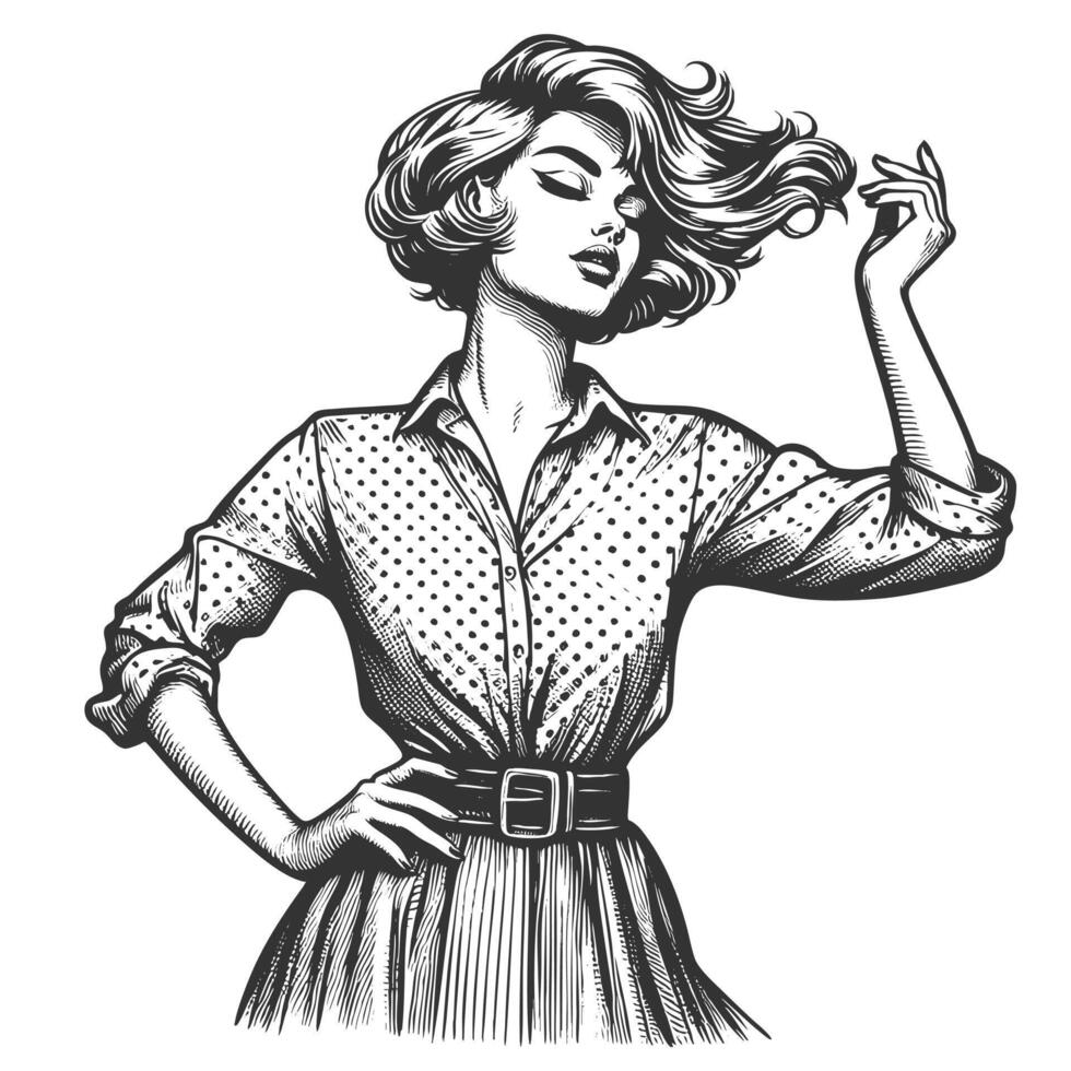 stylish woman in a polka dot dress with confident pose and graceful attitude sketch engraving fictional character illustration. Scratch board imitation. Black and white image. vector