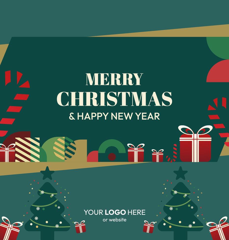 Modern holiday joy. This square Christmas and New Year template boasts stylish geometric patterns and festive decorations, perfect for dynamic social media and prints. vector