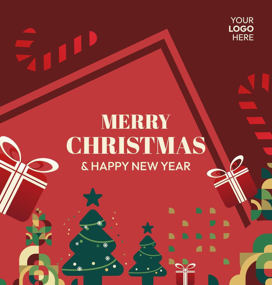 Celebrate the season. This square Merry Christmas and New Year template showcases a beautiful fusion of geometric patterns and joyful holiday decorations. vector
