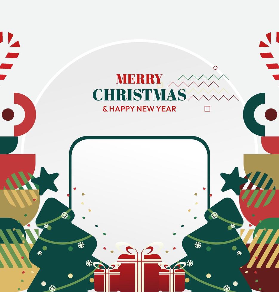 Share the joy. This square Merry Christmas and New Year template features playful geometric shapes and charming holiday elements, perfect for vibrant social media posts. vector