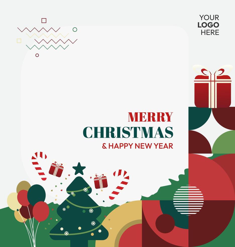 Joyful square template for Merry Christmas and New Year. Designed with elegant geometric precision and classic holiday imagery, perfect for social media and creative projects. vector