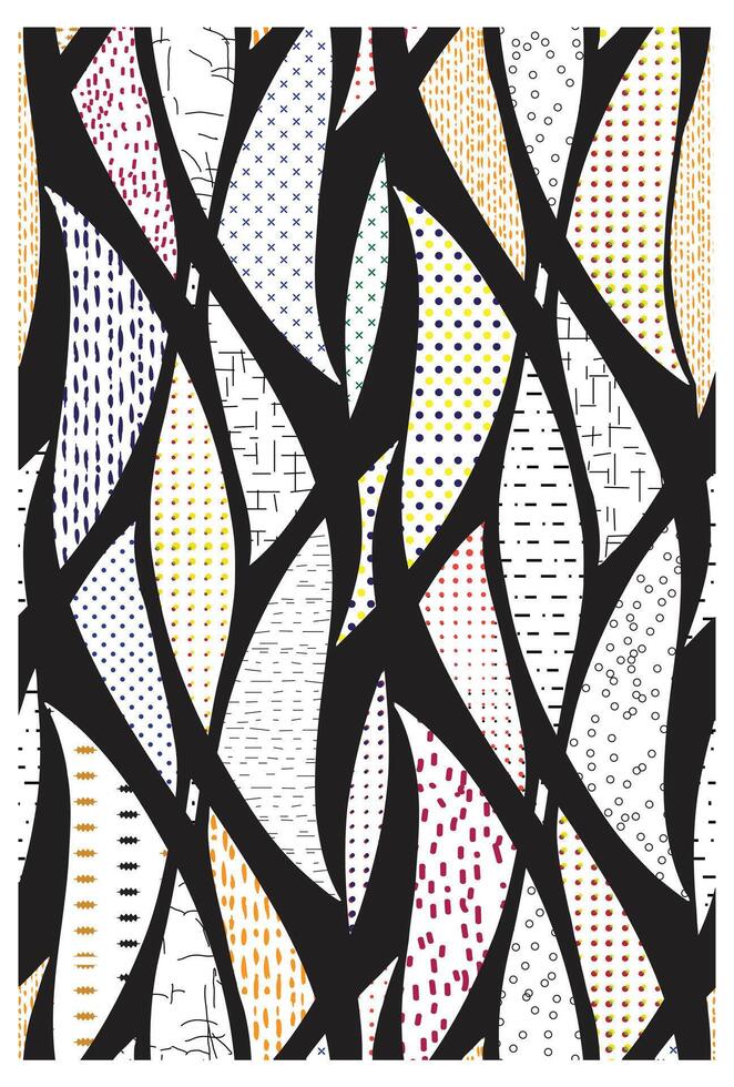 Colorful abstract pattern featuring curved shapes with various textures and dots, set against a black background, repeat surface design. vector