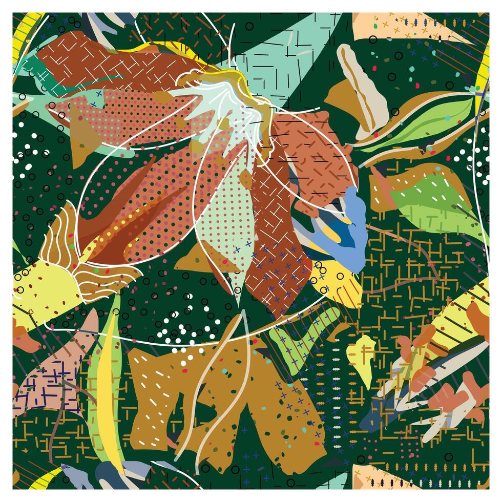 An abstract seamless print composition with vibrant colors and shapes, featuring floral motifs and geometric patterns on a dark green background. vector