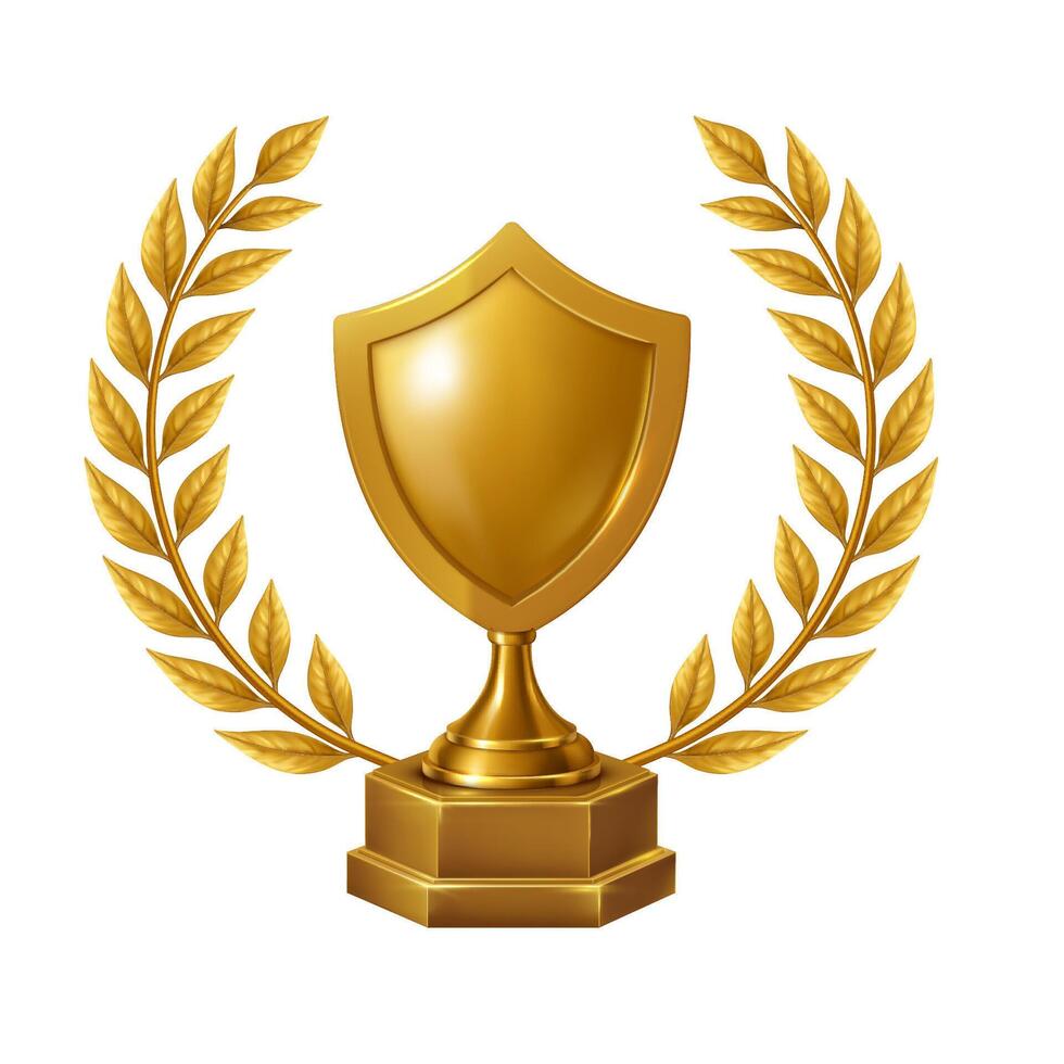 Golden shield trophy with laurel wreath, representing defense, protection, strength, and honorable recognition. vector