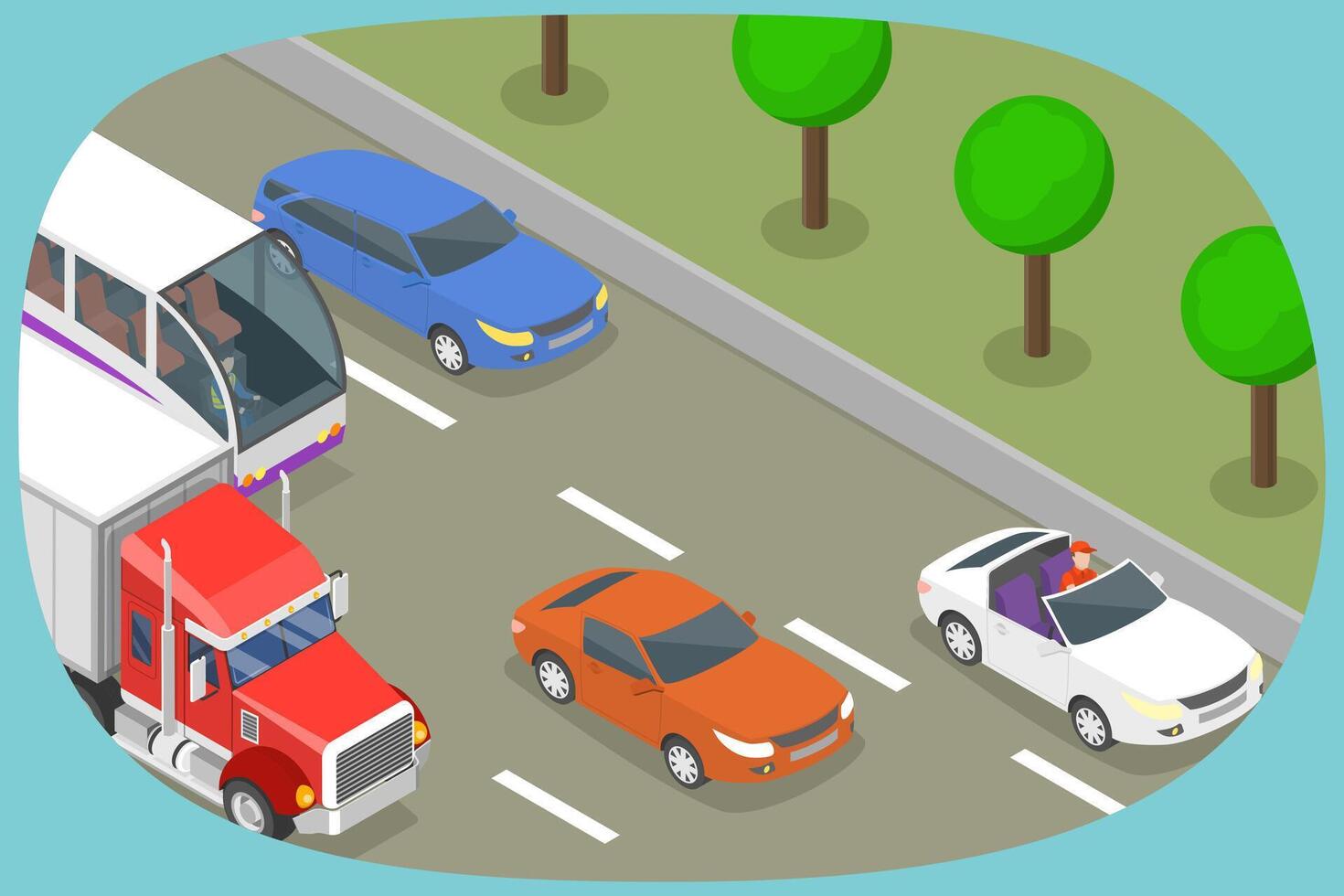 Cartoon vehicles in traffic scene vector