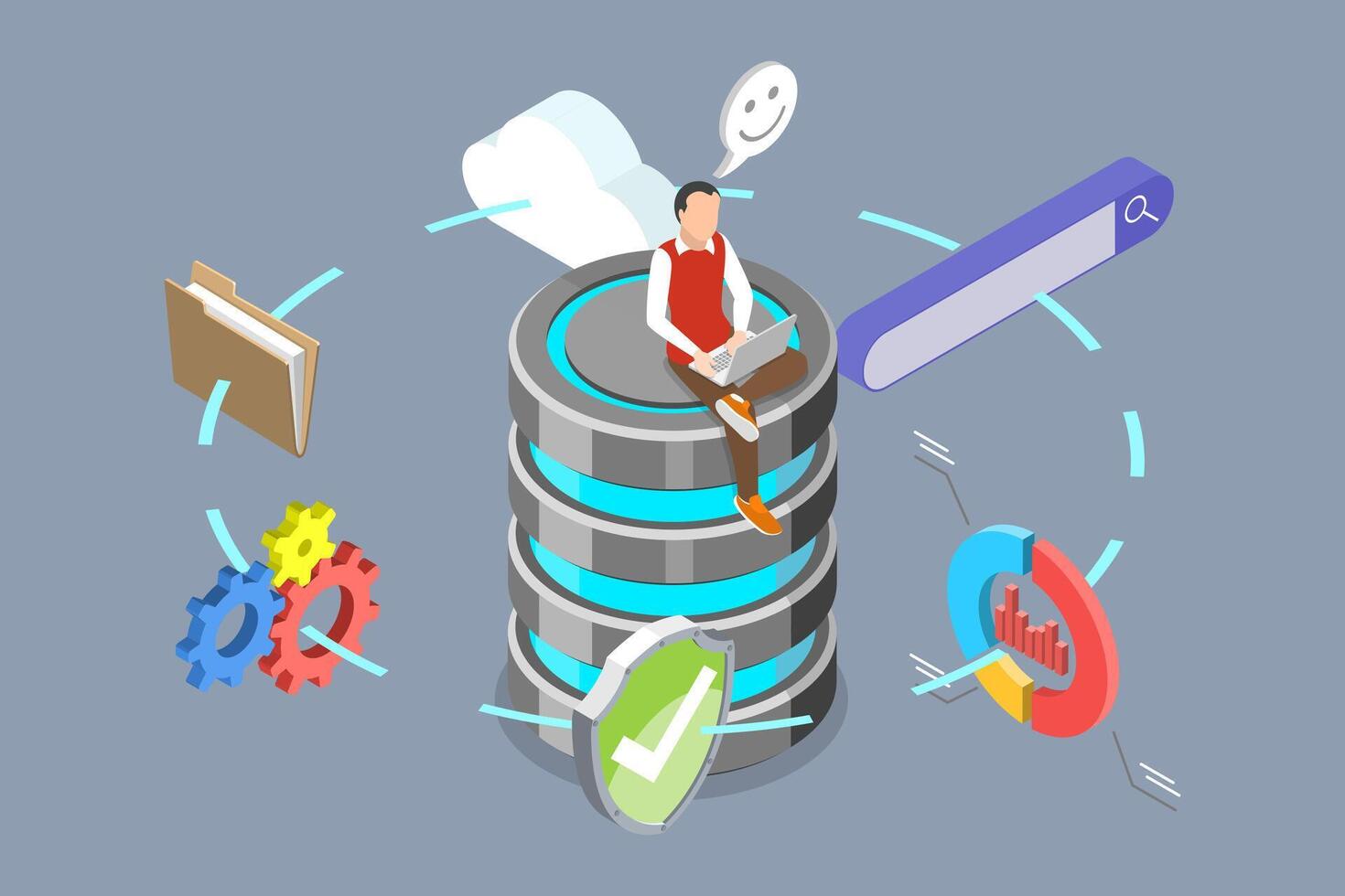 Person sitting on database illustrating data analysis vector