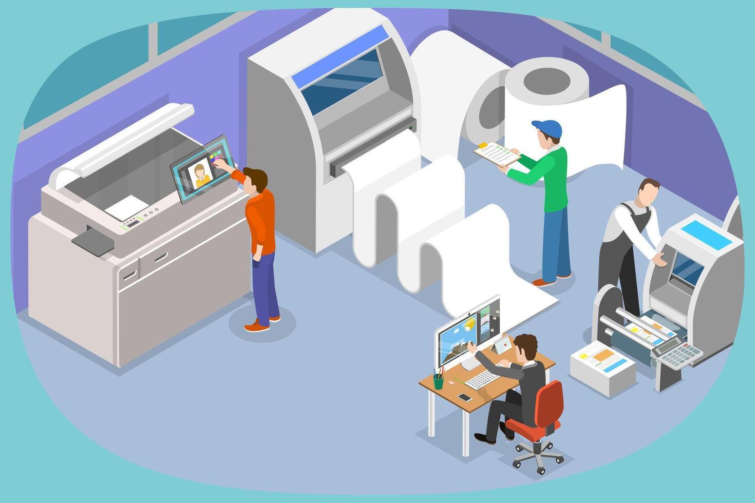 Printing workspace with multiple printers and staff vector