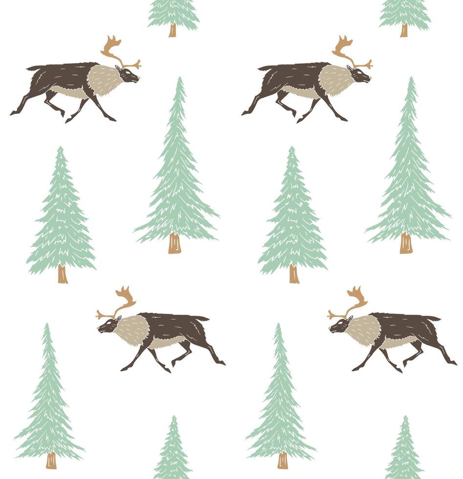 Seamless pattern of hand drawn doodle sketch reindeer and spruce tree vector