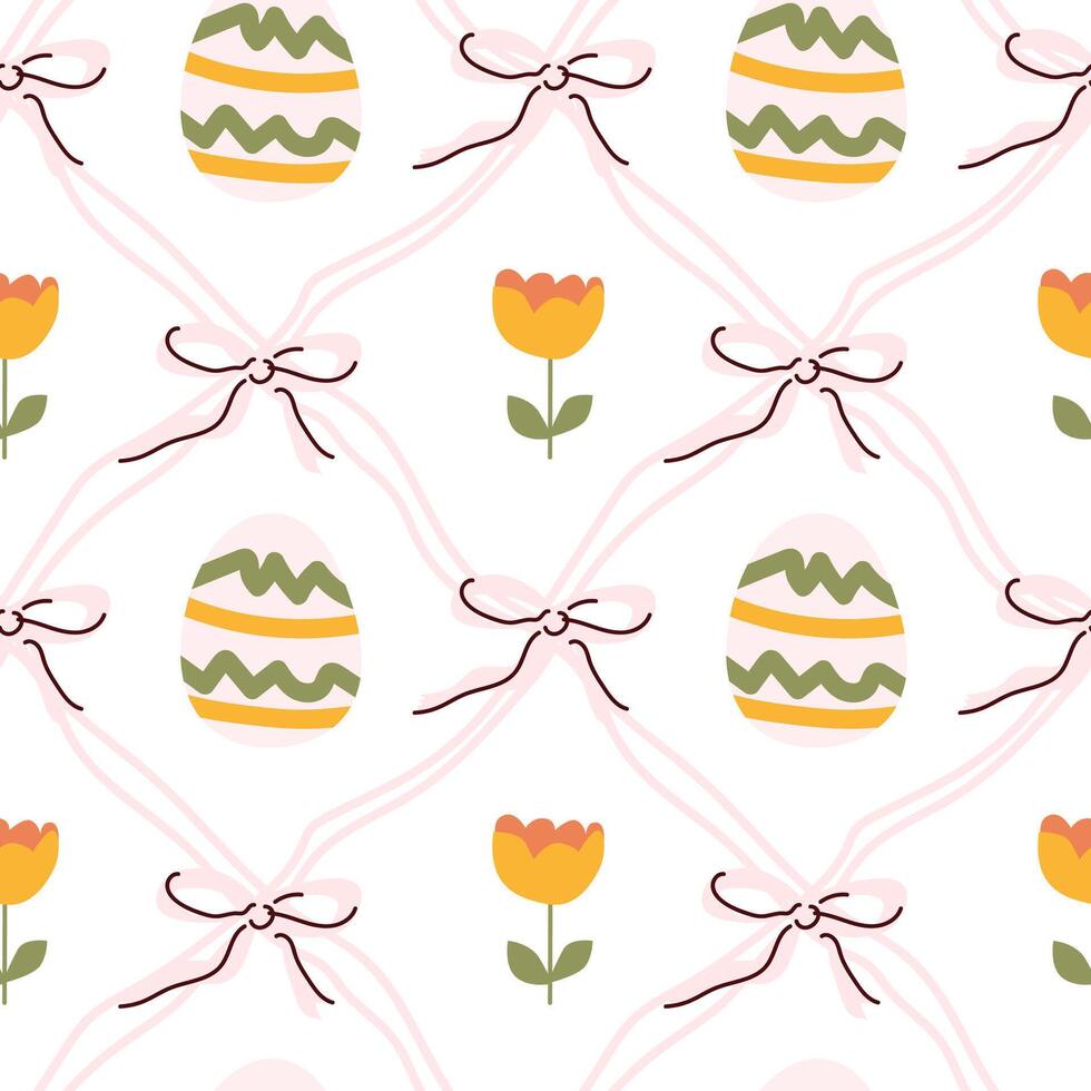 Easter egg and tulip pattern with pink bows on white background vector