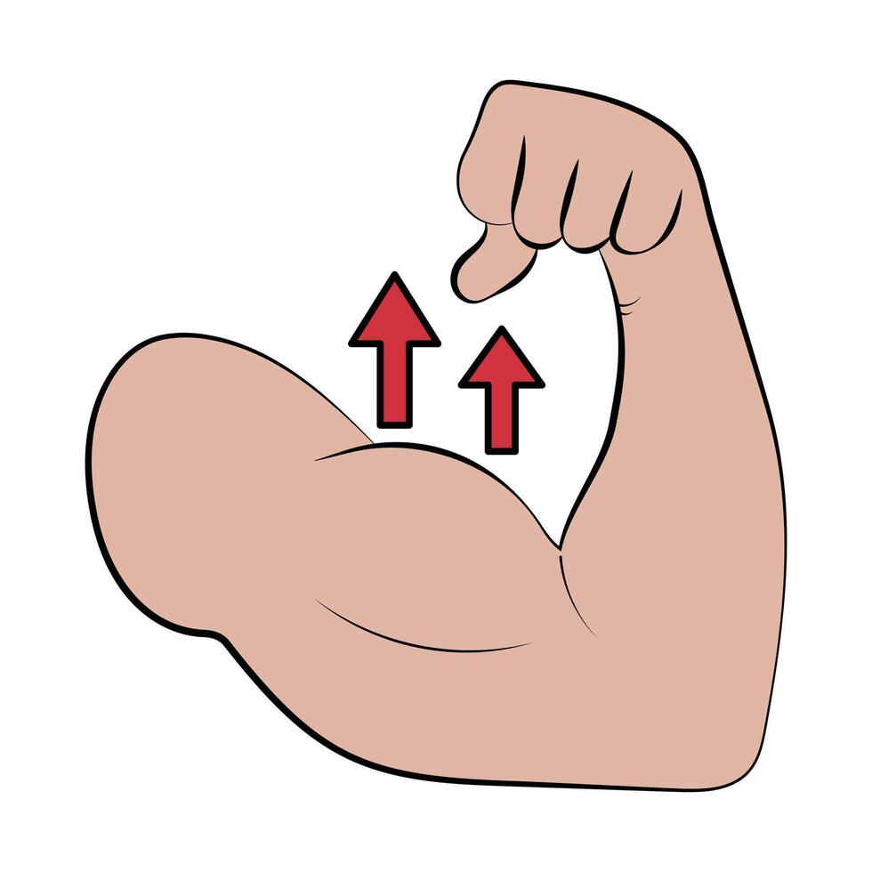 Strong Arm with Upward Arrows. Symbol of Strength and Growth. A muscular arm flexing its bicep, with two red arrows pointing upward. vector