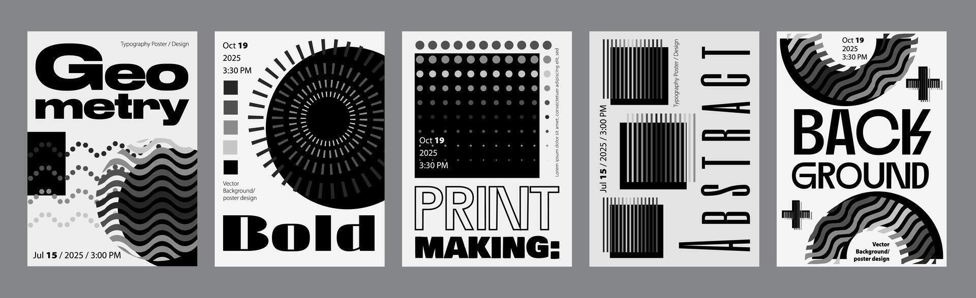 Abstract modern monochrome poster template. Banner set layouts with dynamic dots waves, halftone circle and square forms, simple contrast shapes. Black and white covers design. illustration. vector