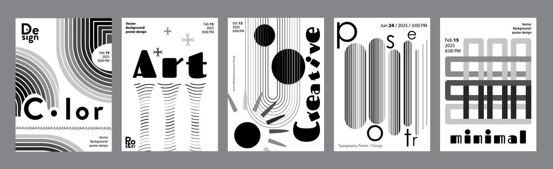 Abstract modern monochrome poster template. Banner set layouts with dynamic linear round forms, rippled texture, simple geometric shapes and forms. Black and white covers design. illustration. vector