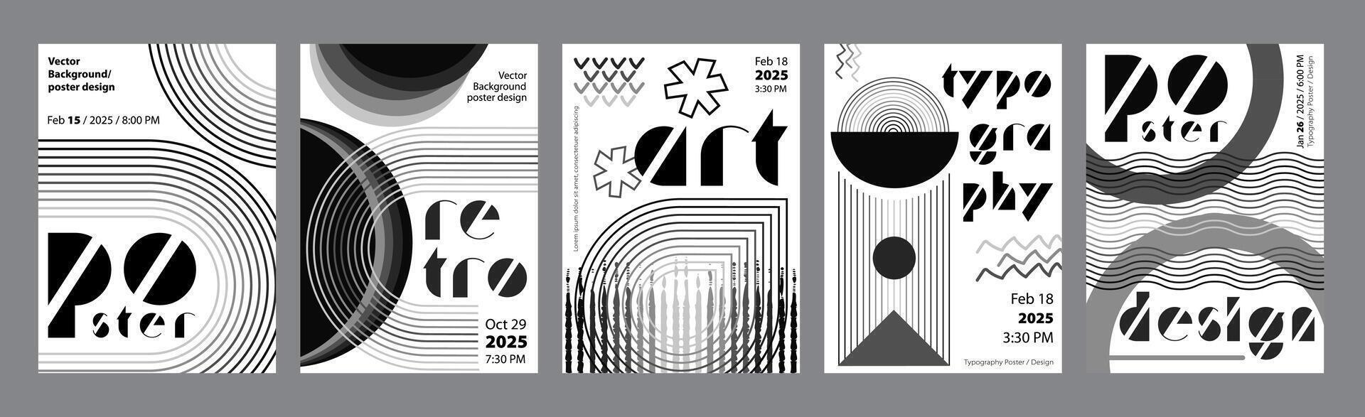 Abstract modern monochrome poster template. Banner set layouts with dynamic line forms with striped effect and simple rounded geometric shapes. Black and white covers design. illustration. vector