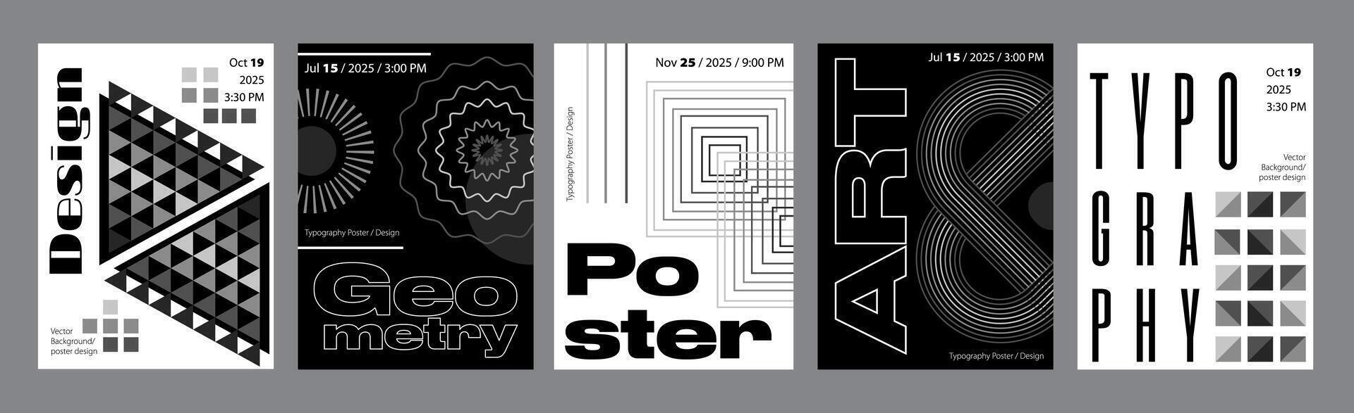 Abstract modern monochrome poster template. Banner set layouts with dynamic halftone triangles, distorted circle forms, simple line square shapes. Black and white covers design. illustration. vector