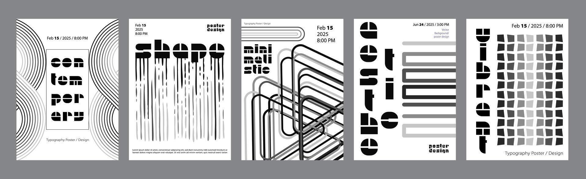 Abstract modern monochrome poster template. Banner set layouts with striped round forms, line halftone distorted effects, simple repeat triangles. Black and white covers design. illustration. vector