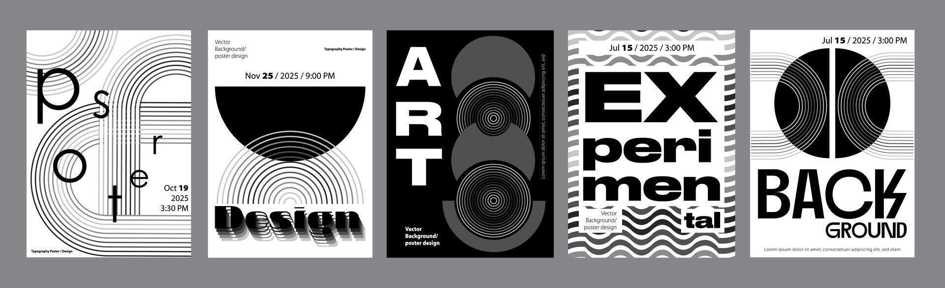 Abstract modern monochrome poster template. Banner set layouts with dynamic line distorted shapes, curved frames, linear circles, waves texture. Black and white covers design. illustration. vector