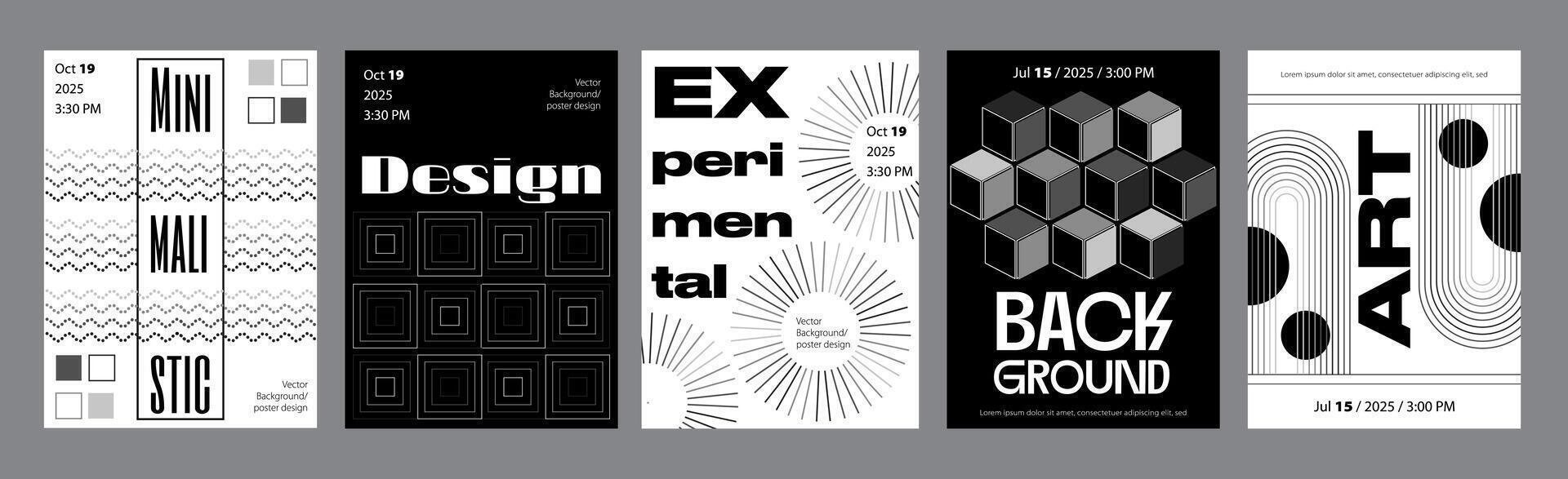 Abstract modern monochrome poster template. Banner set layouts with dynamic dot wave frames, line square shapes, linear circles, cubes texture. Black and white covers design. illustration. vector