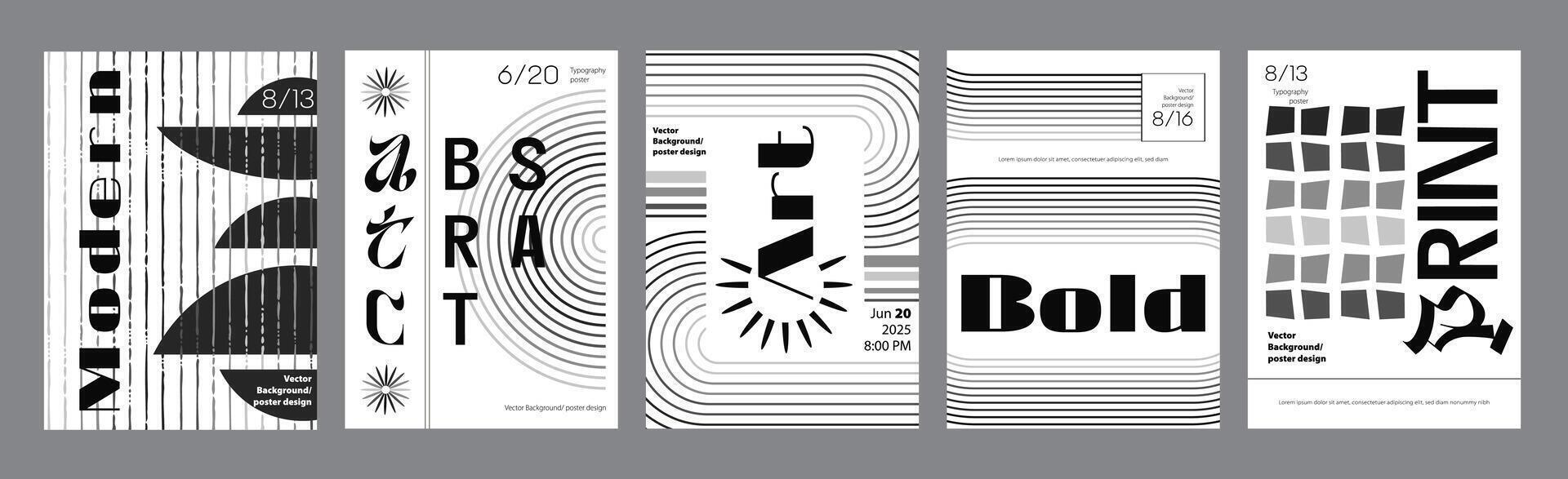 Abstract modern monochrome poster template. Banner set layouts with linear grids, distorted round forms, curling element textures, simple stars. Black and white covers design. illustration. vector