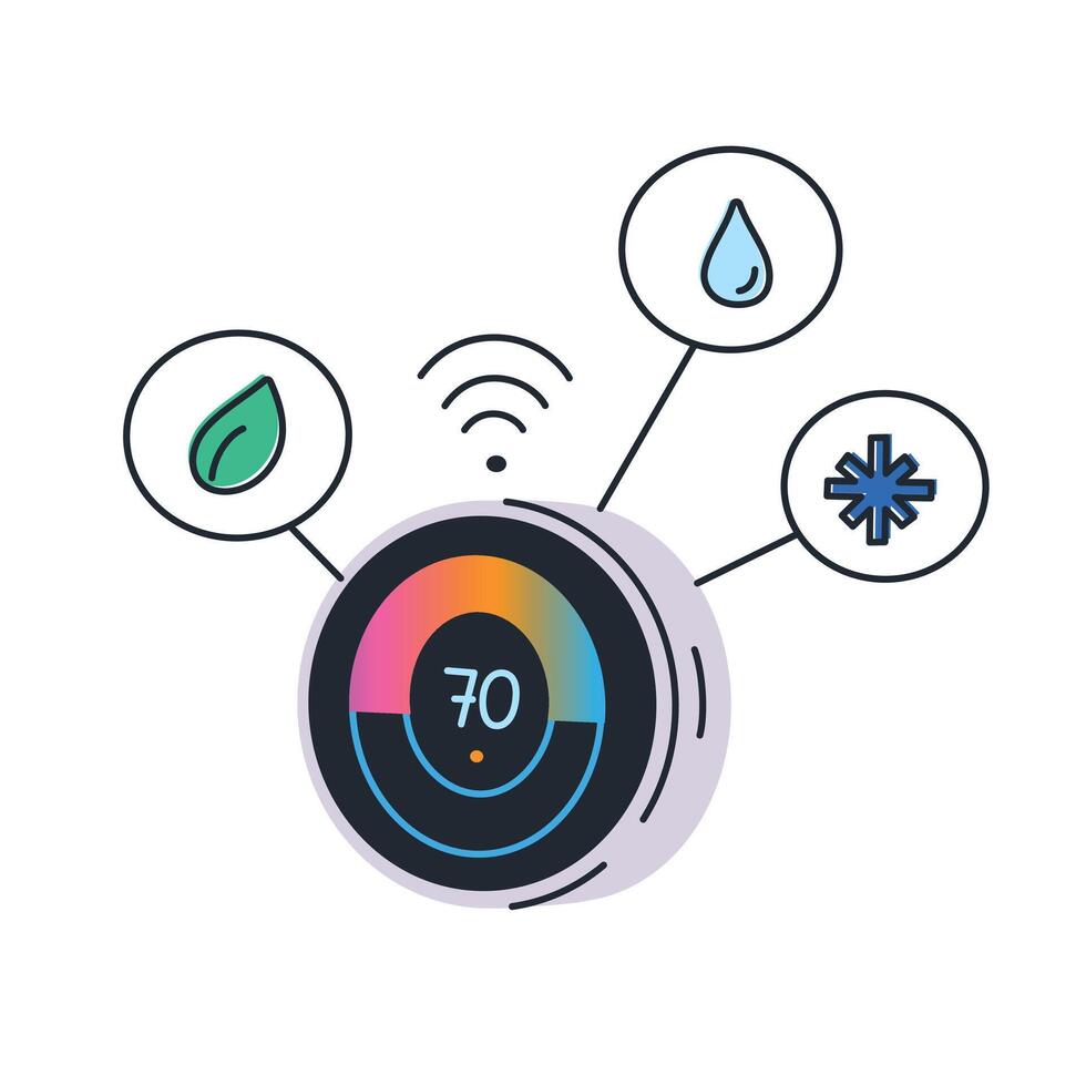 Smart home illustration, flat cartoon digital thermostat device with Wi Fi control. Temperature, humidity, air quality on screen. Concept of home automation, climate control, modern technology vector