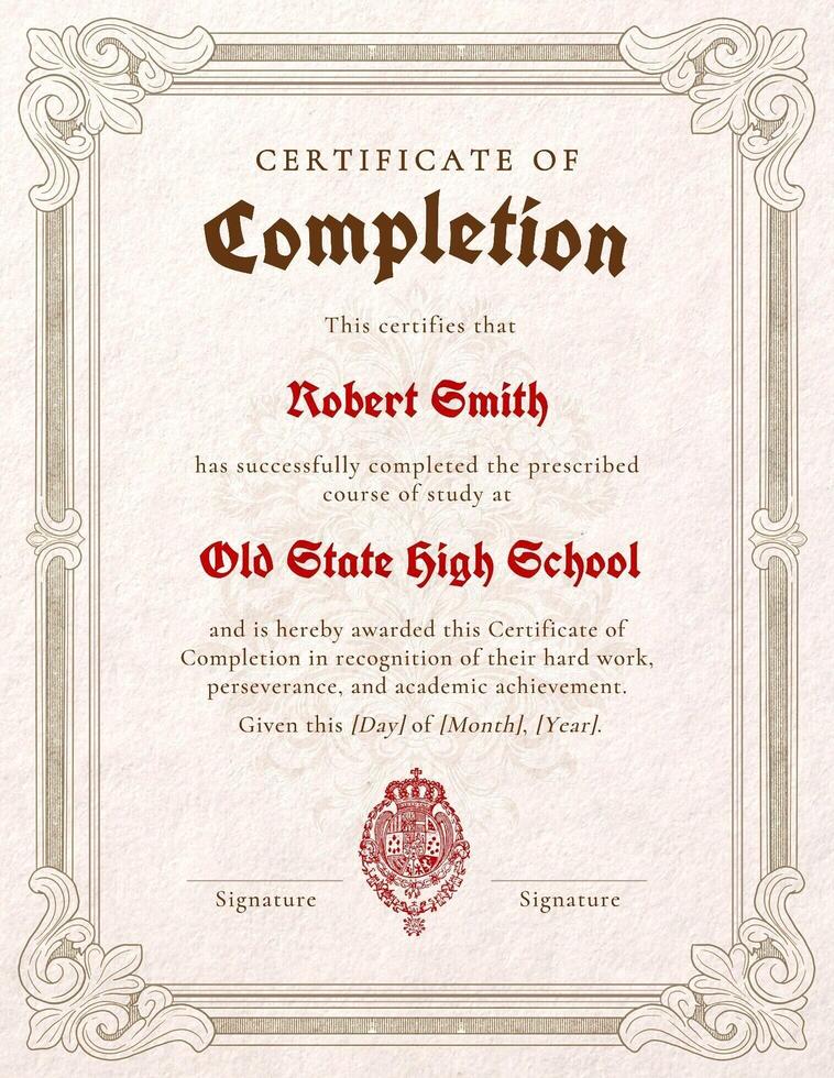 Victorian High School Diploma Certificate of Completion template
