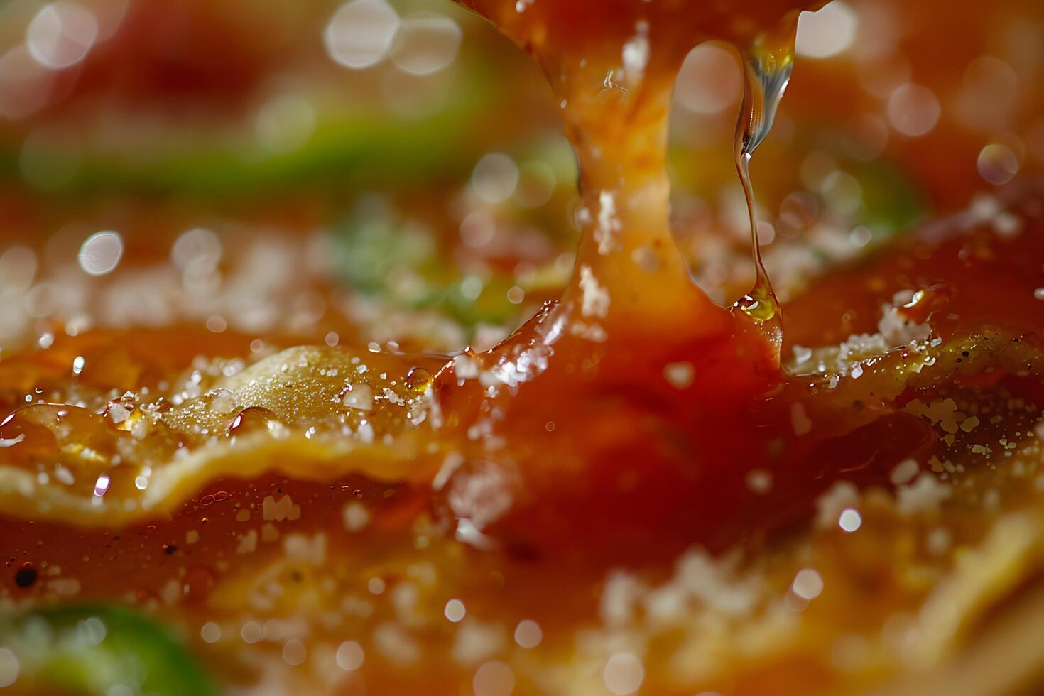 Macro Shot of Cheesy Pizza Toppings with Dripping Sauce. photo