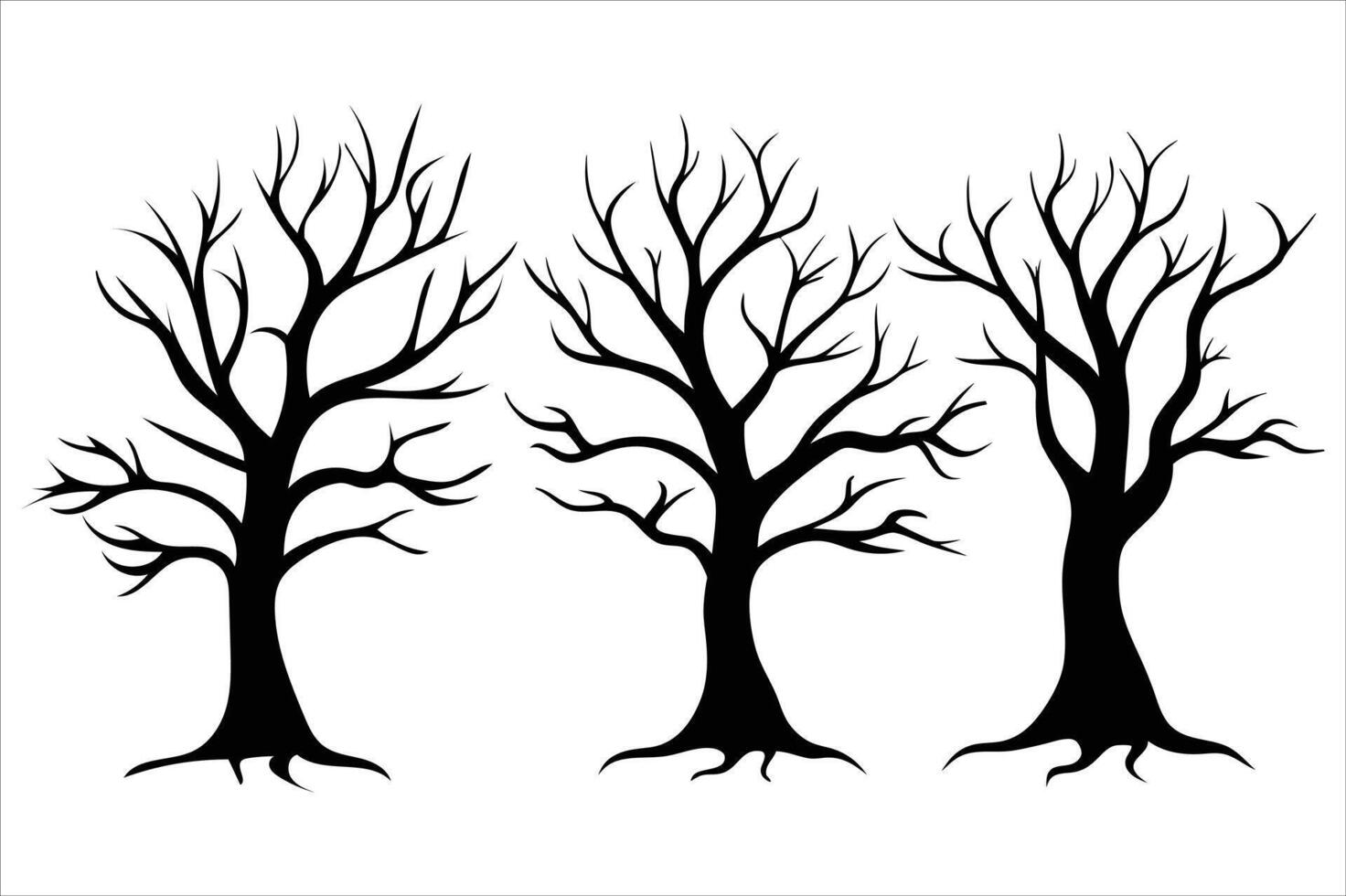 Three bare deciduous trees in silhouette isolated on white background vector
