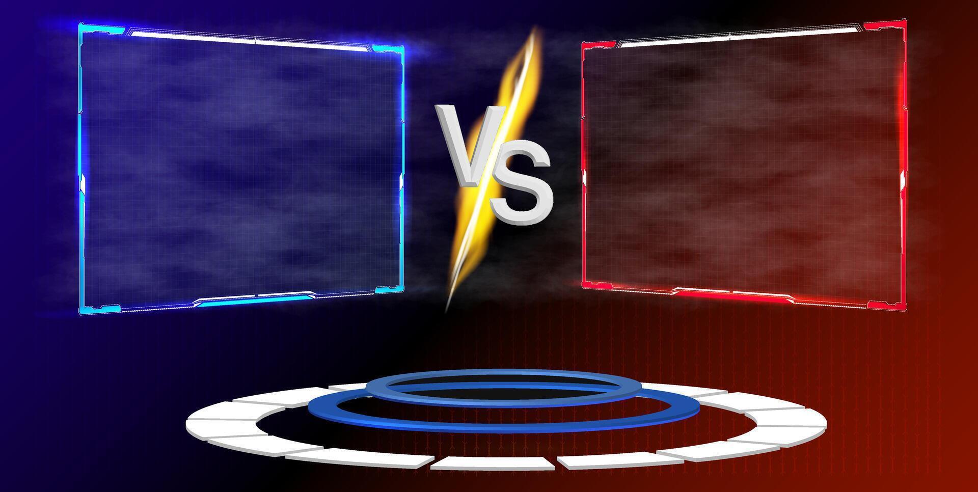 A vibrant versus battle arena is presented, featuring two empty frames surrounded by glowing blue and red lights, creating an intense atmosphere for competition vector