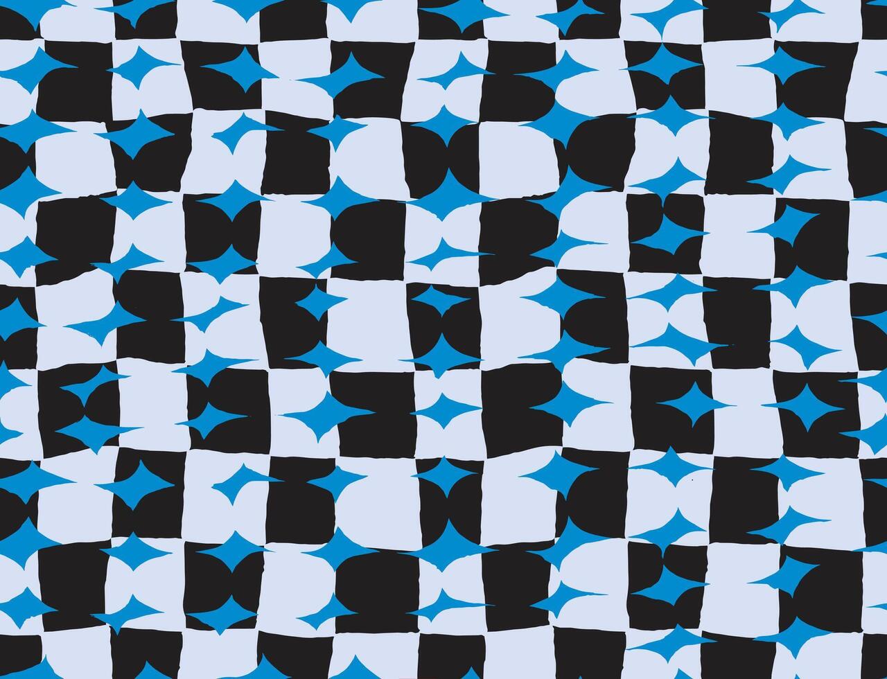 Bold and dynamic abstract seamless pattern featuring an irregular checkerboard of black and gray, overlaid with bright blue starburst shapes. Energetic and eye-catching, perfect for modern design vector