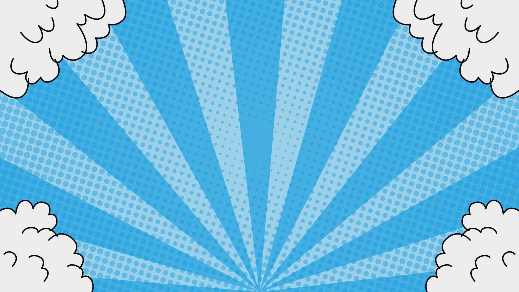 Halftone sunray style blue comic background with clouds on the edge. Suitable for comics, prints, posters, etc. vector