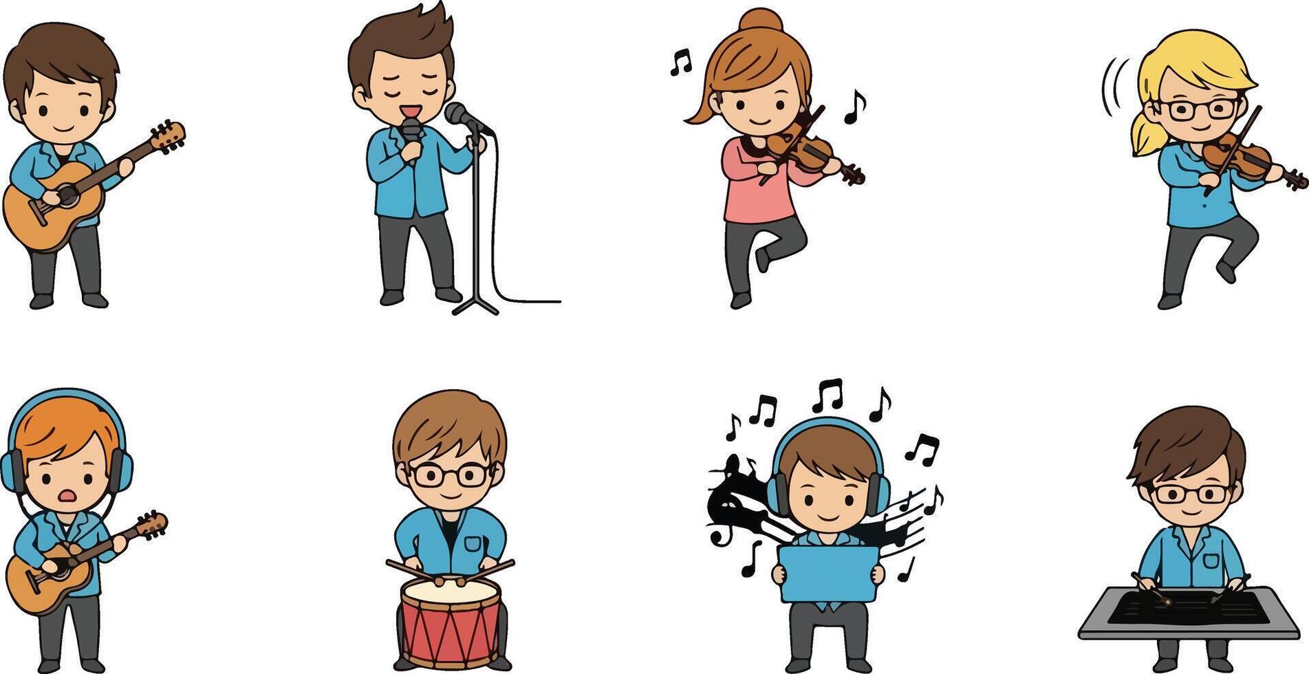 ,Chibi musicians performing with various instruments offering vibrant music demonstration vector