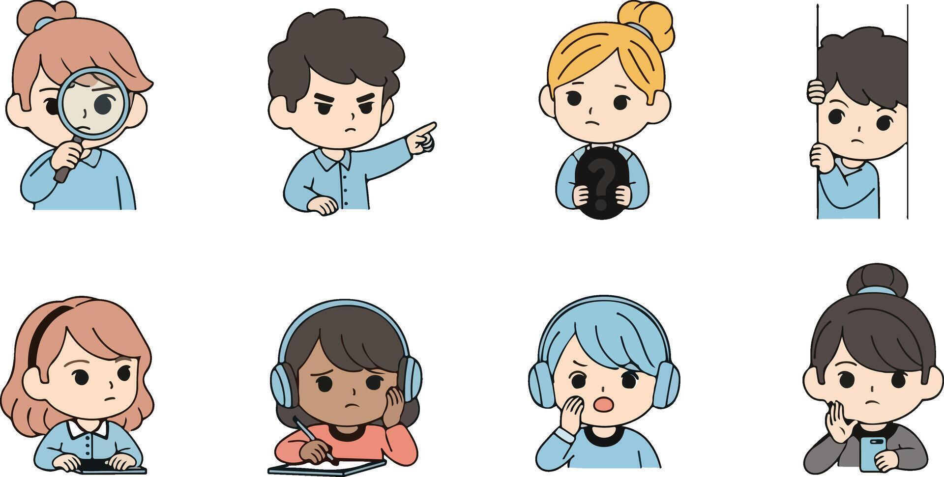 Expressive Cartoon Characters Displaying Diverse Emotions and Actions with Clear Line Art and Simple Color Palettes vector