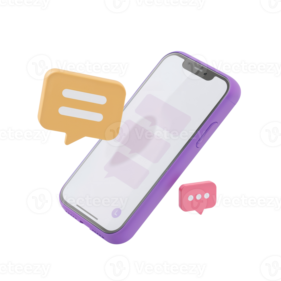 Stylized mobile phone floating with message bubbles, a modern communication concept on transparent png
