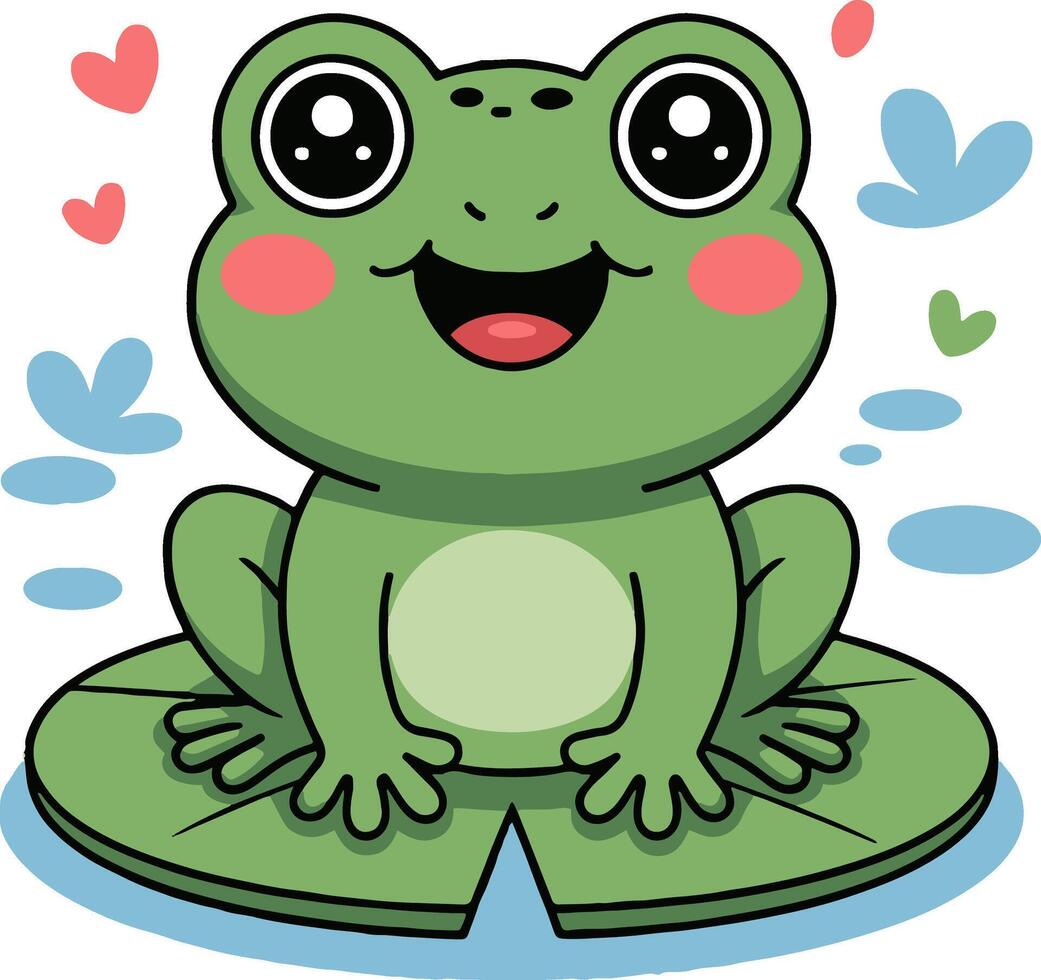 A cartoon frog sitting on a lily pad with hearts and water droplets around it on a white background vector