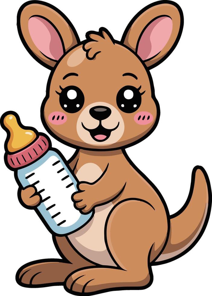 Cartoon kangaroo holding a baby bottle with a happy expression on a white isolated background vector