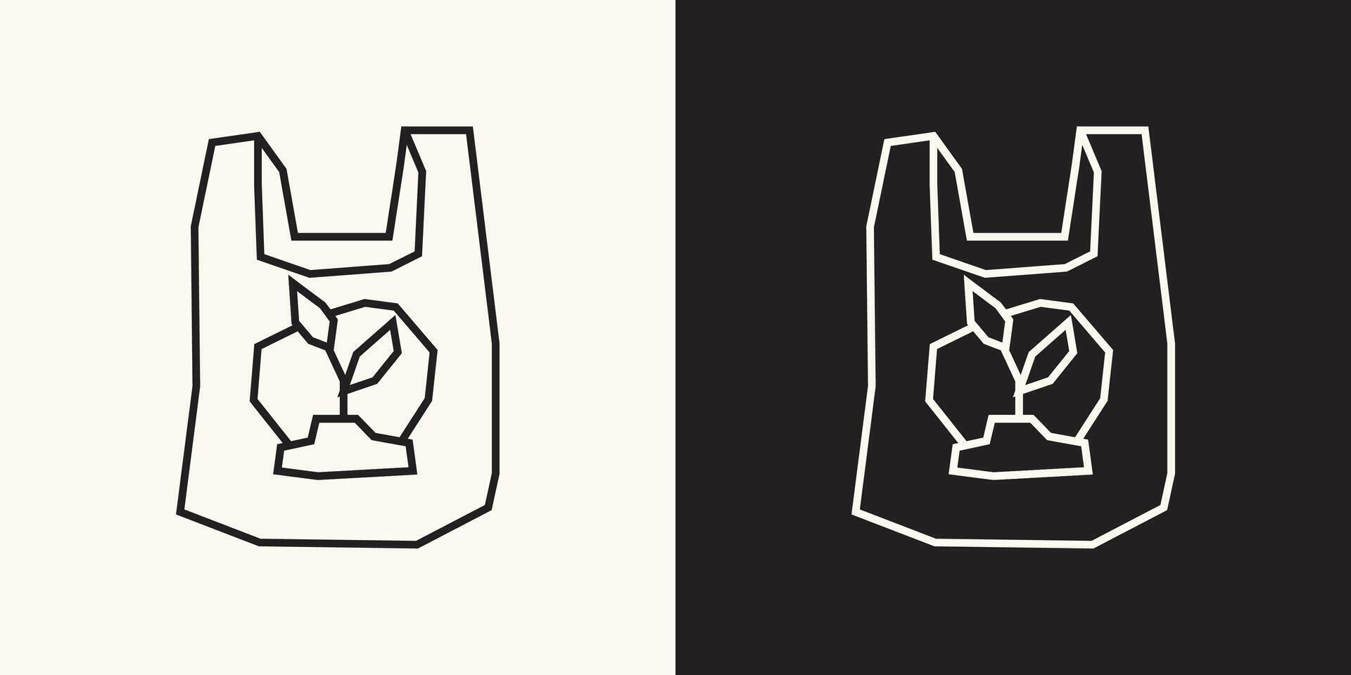 Recycled Plastic Bag with a Leaf Icon in Black Line Art and White Line Art Cutout Style vector