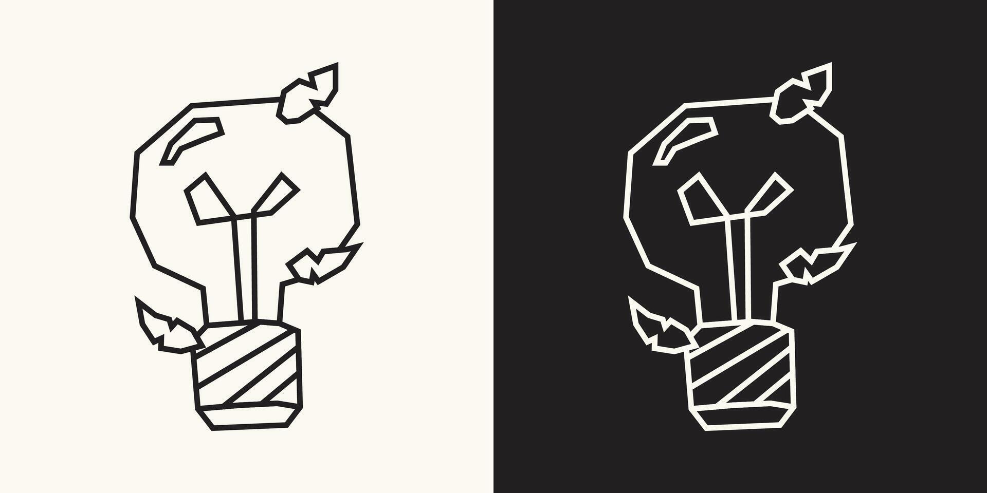 Lightbulb with a Leaf Icon in Black Line Art and White Line Art Cutout Style vector