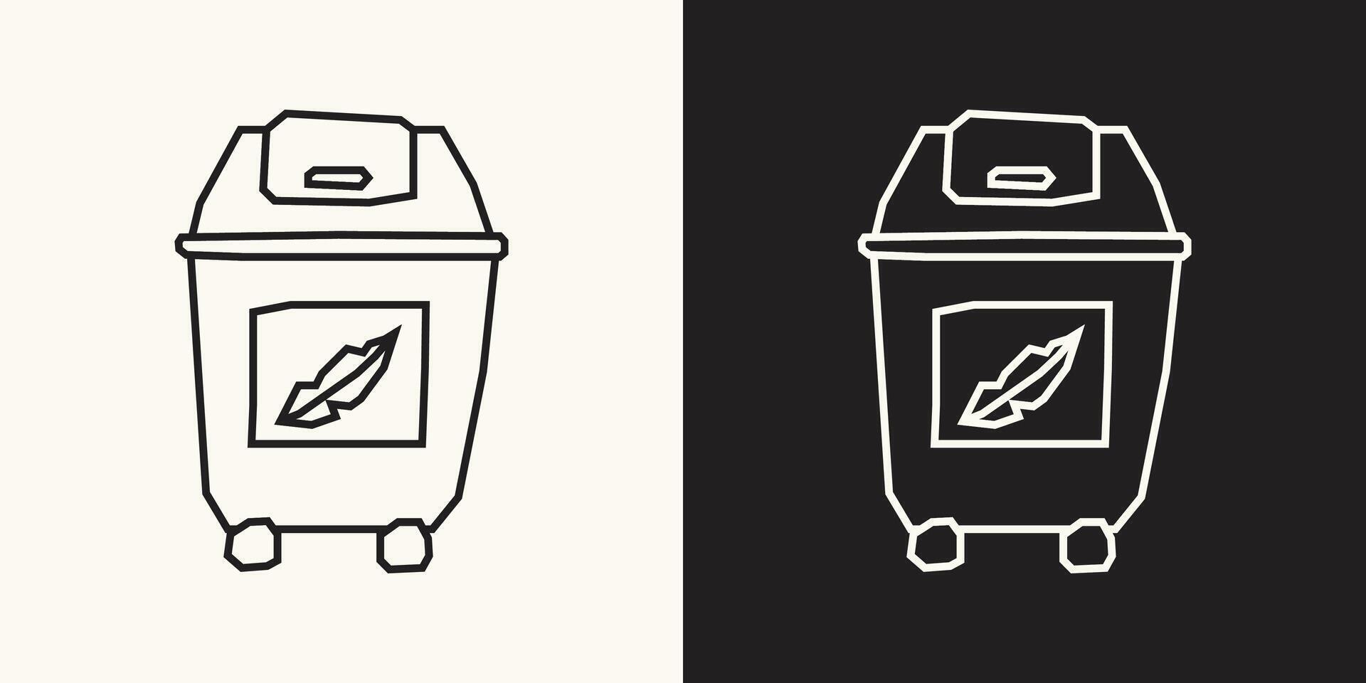 Blue Trash Can with a Leaf Icon in Black Line Art and White Line Art Cutout Style vector