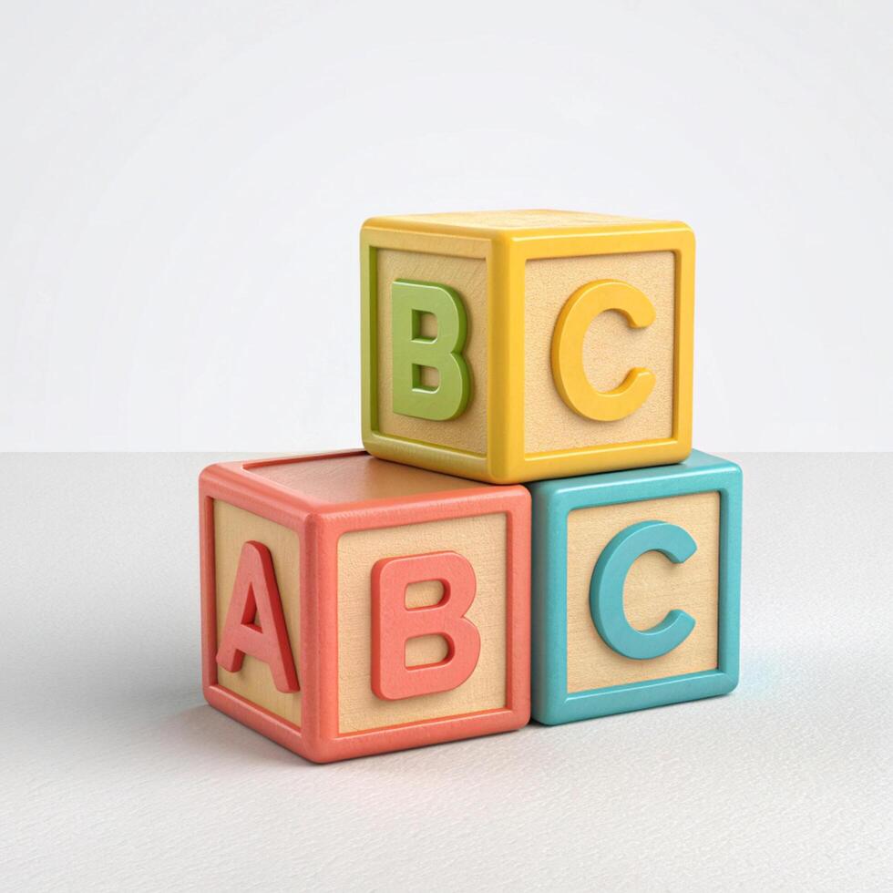 Three colorful alphabet blocks stacked and arranged photo