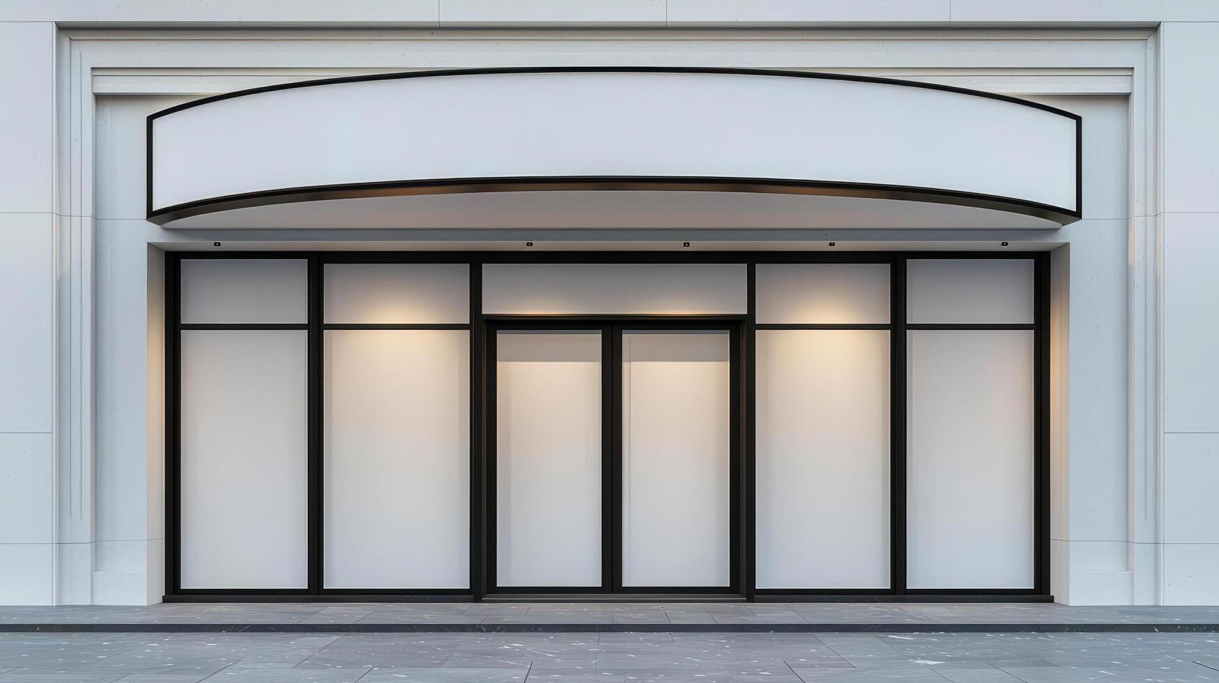 Empty storefront with blank windows and large white signboard above, modern and clean facade design photo