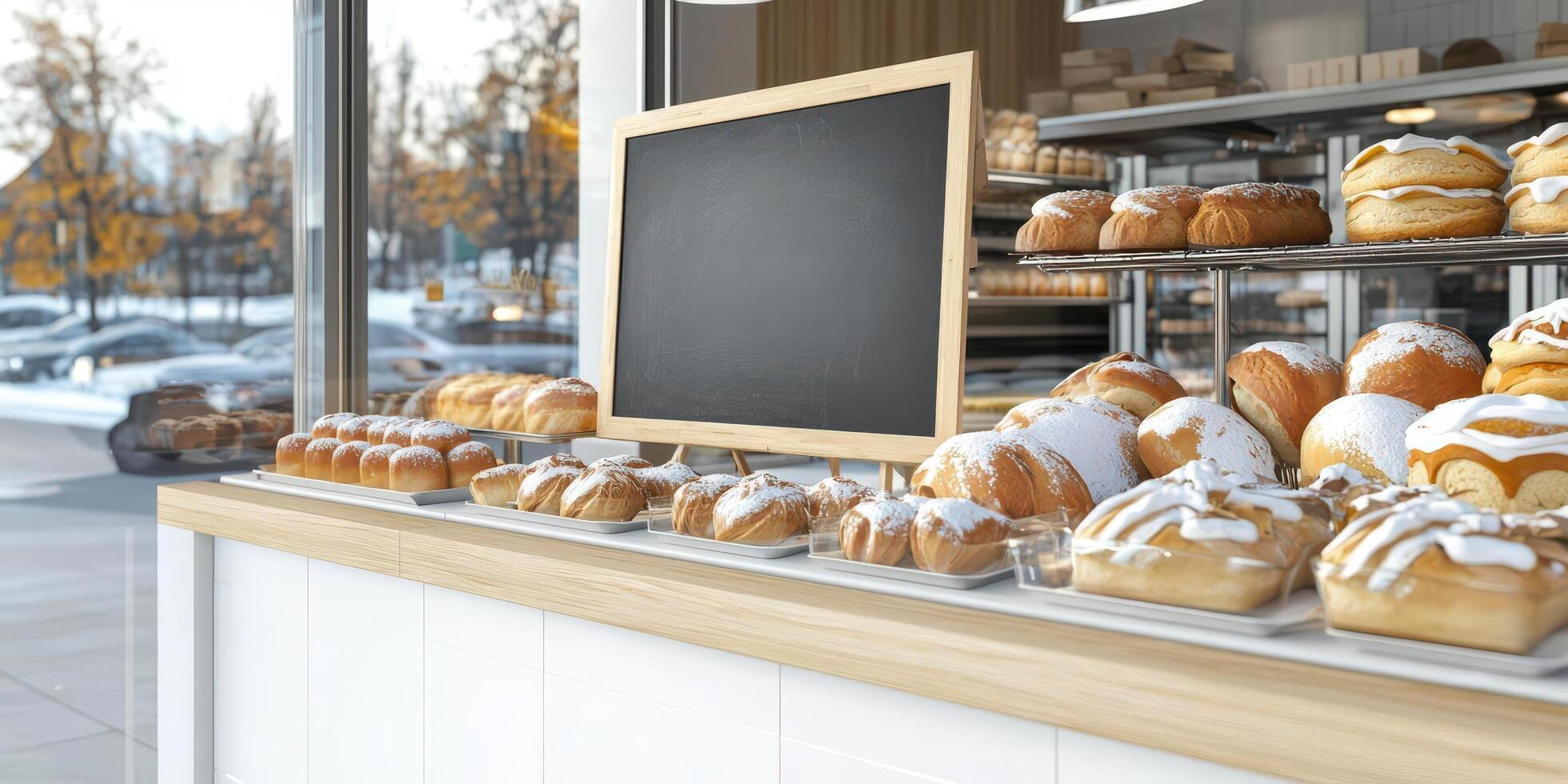 Bakery window with blank chalkboard and fresh bread assortment on display creating warm inviting atmosphere photo